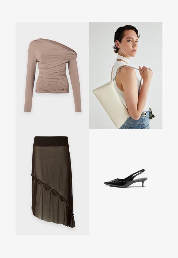 Hosszú ujjú, vállra lecsúsztatott blúz világosbarna színben. Az elülső és oldalsó része ráncolt textúrájú, puha, rugalmas anyagból készült.; Fekete hálós szoknya szabott derékkal, aszimmetrikus szegéllyel, dekoratív gombokkal elöl, és réteges átlátszó textúrával.; Fekete bőrből készült slingback magassarkú cipők hegyes orral, kis francia sarokkal és díszes csomóval az elején. Az egész felületen sima textúra.; Fehér, téglalap alakú, fényes anyagból készült clutch táska, ezüst láncos pánttal. A modell pózol, bemutatva a táskát egy egyszínű háttér előtt.