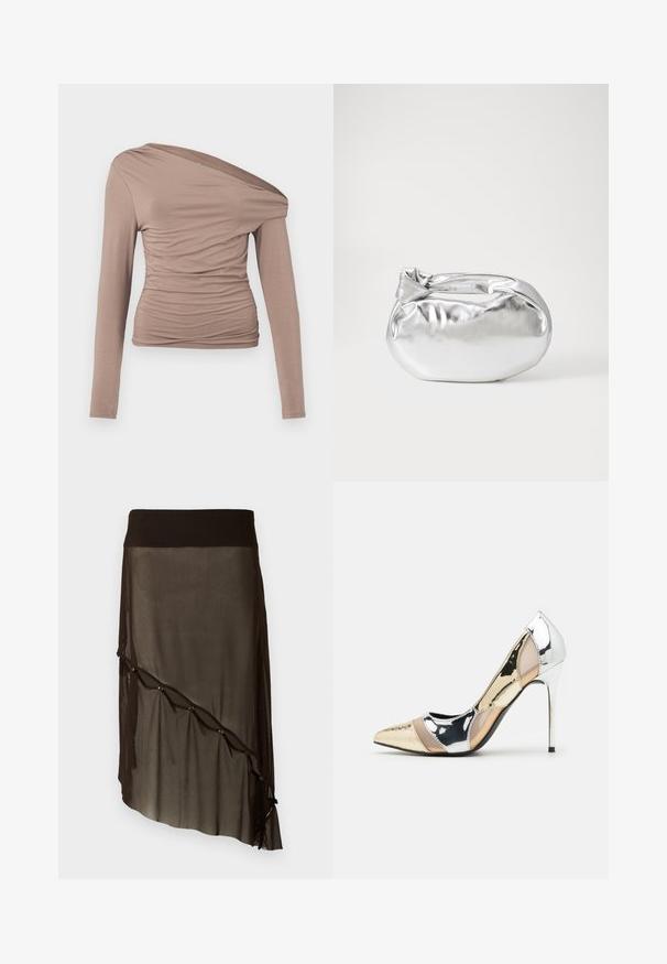 Long-sleeve, off-the-shoulder top in a light brown color. Features gathered texture on the front and side, made of soft, stretchy material.; Black mesh skirt with a fitted waistband, asymmetrical hem, decorative buttons along the front, and layered sheer texture.; Pointed-toe high heel shoe with a silver, gold, and nude color scheme. Glossy finish with cutout design, featuring a stiletto heel.; Silver metallic pouch bag with a soft, rounded shape and a knotted top closure. Made from smooth faux leather material.; Silver hoop earrings with a minimalist design. Circular shape, smooth texture, and thin profile. Lightweight with a polished finish.