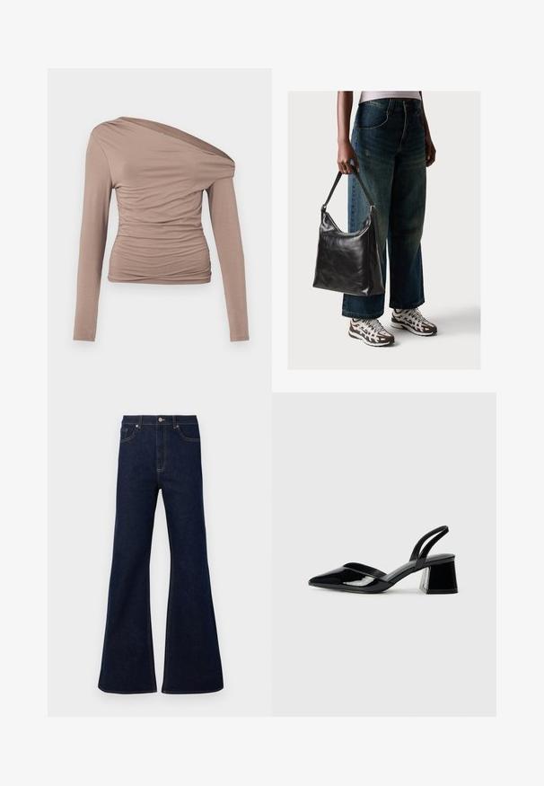 Top de manga larga y descubierta en un color marrón claro. Presenta una textura fruncida en la parte delantera y lateral, fabricado con un material suave y elástico.; Vaqueros de mezclilla de corte acampanado en azul oscuro, con cintura alta, bolsillos frontales y detalles de costura dorada. Textura suave con un corte tradicional.; Zapatos de tacón slingback de charol negro con punta afilada y tacón geométrico en bloque. Presentan un diseño elegante y minimalista, así como una textura suave.; Bolso de hombro de cuero negro con una textura suave y correa ajustable, combinado con jeans de pierna ancha desgatados y zapatillas deportivas.
