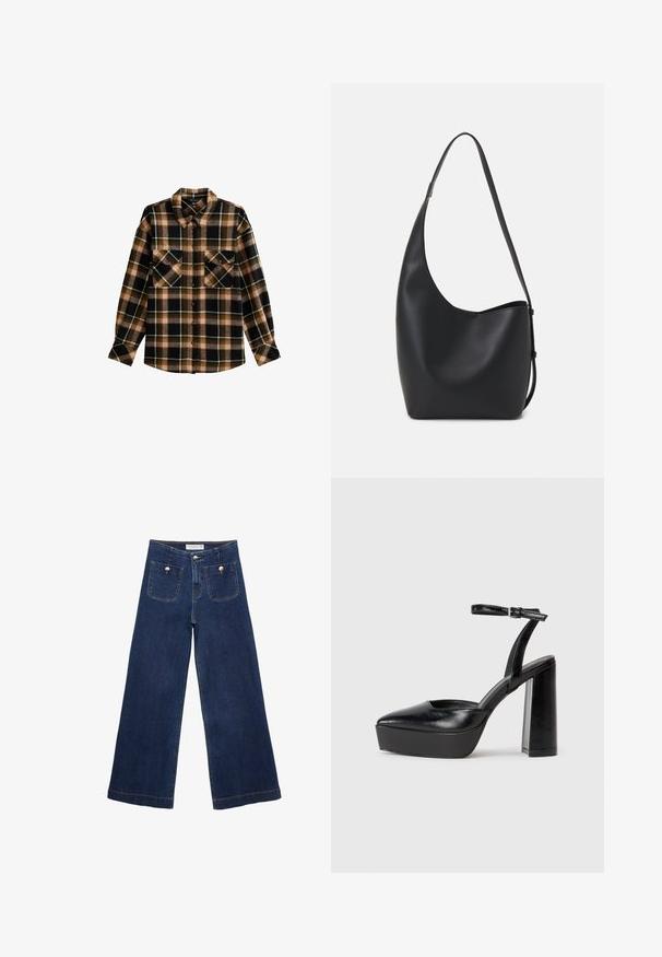 Flanellen overhemd met een zwart, bruin en groen geruit patroon, klassieke kraag, knoopsluiting en twee borstzakken met kleppen.; Donkerblauwe rechte jeans met wijde pijpen, gemaakt van denim, met twee voorzakken met decoratieve knopen en een rechte zoom.; Zwarte plateauhakken met een puntige neus en verstelbare enkelband. Gemaakt van soepel leer, met een robuuste blokhak.; Zwarte leren hobo tas met een gladde textuur, kromme vorm en een enkele verstelbare schouderband; heeft een brede opening aan de bovenkant.