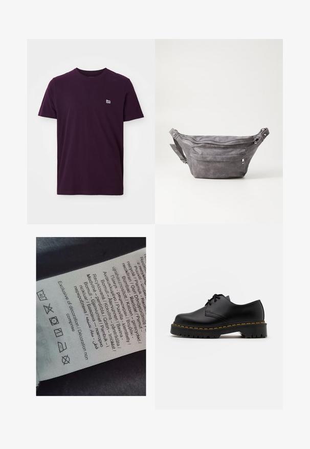 Donkerpaars katoenen T-shirt met korte mouwen, ronde halslijn en klein wit logo op de linkerborst. Zachte, gladde textuur.; Label tag met meertalige tekst, zorgsymbolen en recyclingiconen, gedrukt op een zacht textielachtig materiaal in een lichte kleur.; Zwarte leren veterschoen met een ronde neus, getextureerde rubberen zool en gele stiksels rond de basis. Plat ontwerp en een gladde afwerking.; Grijze suède heuptas met een ronde vorm, twee met rits afgesloten compartimenten en een verstelbare band. Voorzien van metalen accenten.