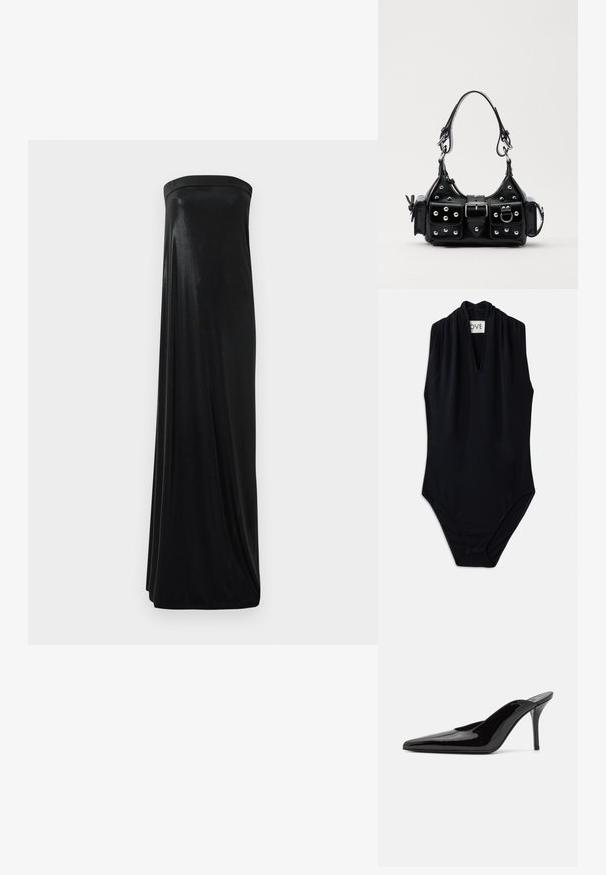 Black sleeveless bodysuit featuring a deep v-neck and gathered detail at the collar. Made of smooth, stretchable fabric. Minimalist design.; Black strapless maxi dress made of smooth, shiny fabric. Features a fitted bodice and flowing silhouette, reaching the floor without embellishments.; Black patent leather high-heeled mule with a pointed toe and a sleek silhouette, featuring an open back and a slender stiletto heel.; Black leather handbag with a curved design, featuring silver studs, a buckle, and two side pockets. Adjustable strap for carrying options.