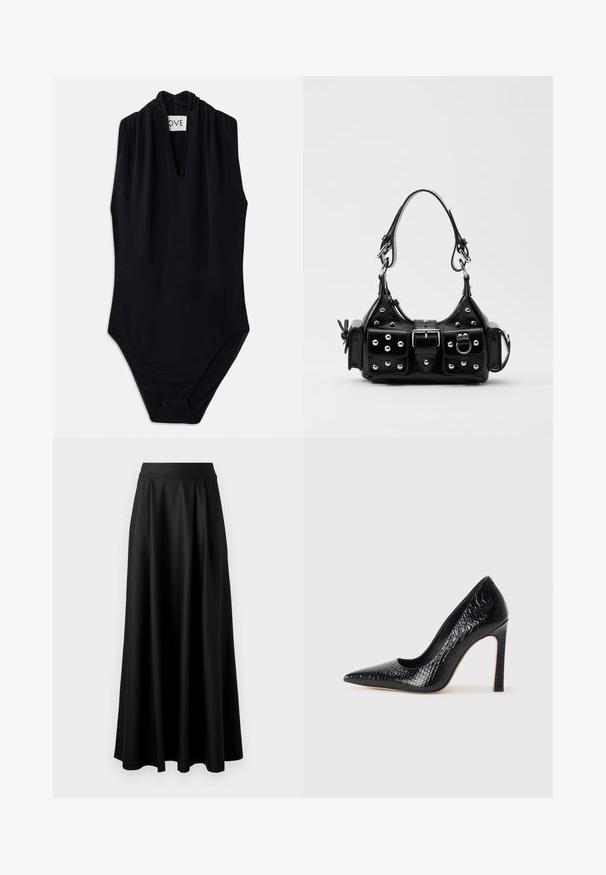 Must värvitu ilma varrukateta bodi, millel on sügav V-kaelus ja kokku tõmmatud detail kaeluses. Valmistatud siledast, tõmbetugevast kangast. Minimalistlik disain.; Mustmust pikk, must seelik, millel on sile tekstuur, lai vöökoht ja volditud disain, ilma nähtavate mustrite või kaunistusteta.; Mustan teravaotsaga kõrge kontsaga king, millel on krokodillimustriga tekstuur, stiilne disain, kõrge stilettokonts ja sile must sisesisustus.; Must värvi nahast käekott, millel on kaarjas disain, hõbedased nupukesed, kinnitusahe ja kaks külgtaskut. Reguleeritav rihm erinevate kandmisvõimaluste jaoks.