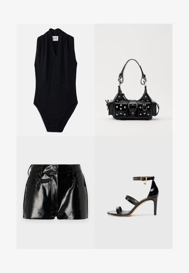 Musta sansihihainen bodysuit, jossa on syvä V-pääntie ja laskostus yksityiskohtana kauluksessa. Valmistettu sileästä, venyvästä kankaasta. Minimalistinen muotoilu.; Lyhyet mustat kiiltävät shortsit, jotka on valmistettu synteettisestä materiaalista. Niissä on hyvä istuvuus vyötäröllä, vyölenkit ja etutaskut, joissa on näkyvät ompeluyksityiskohdat.; Musta patentoitu nahkasandaali, jossa on kolme hihnaa, nilkkasolki ja 4 tuuman stiletto-korko. Varustettu kultaisilla yksityiskohdilla ja logokoristeella.; Musta nahkainen käsilaukku, jossa on kaareva muotoilu, hopeiset niitit, solki ja kaksi sivutaskua. Säädettävä olkahihna erilaisiin kantovaihtoehtoihin.