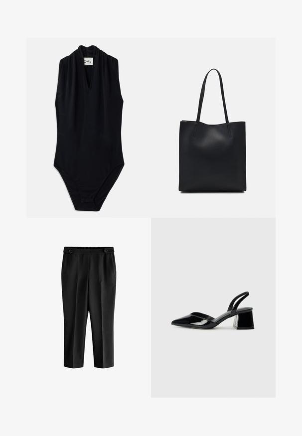 Crni bodi bez rukava s dubokim V izrezom i naborima na ovratniku. Izrađen od glatkog, rastezljivog materijala. Minimalistički dizajn.; Crne skraćene hlače s opuštenim krojem, elastičnom waistbandom i dva prednja džepa. Tkanina ima glatku teksturu sa blago sjajnim završetkom.; Crne lakirane kožne sandale s otvorenom petom i špicastim vrhom, s geometrijskom blok petom. Imaju elegantan, minimalistički dizajn i glatku teksturu.; Crna kožna torba za nošenje s glatkom teksturom, pravokutnim oblikom i dvije duge ručke. Nema vidljivih metalnih dijelova ili ukrasa.