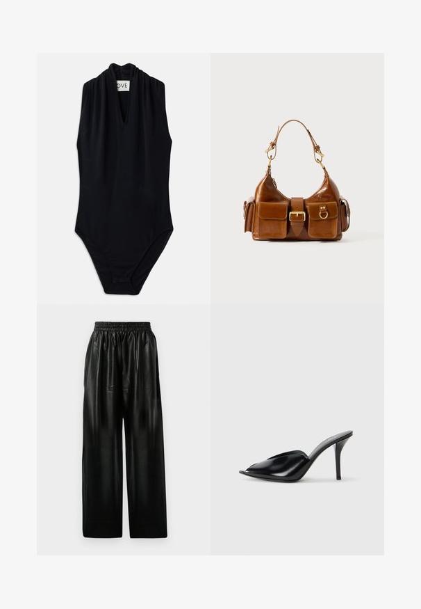 Must värvitu ilma varrukateta bodi, millel on sügav V-kaelus ja kokku tõmmatud detail kaeluses. Valmistatud siledast, tõmbetugevast kangast. Minimalistlik disain.; Mustad nahast laiade säärega püksid elastse vöökohtaga, millel on kaks küljetaskut ja sile, läikiv pind.; Mustad nahast kõrge kontsaga mulad avatud varbaga, terava disainiga, siledapinnalised ja kitsaste stilettokontsadega.; Pruun nahast käekott, millel on kõver kuju, kahekordne kullatooniline riistvara, kaks esitaskut ja lai rihm. Sile tekstuur ja läikiv viimistlus.