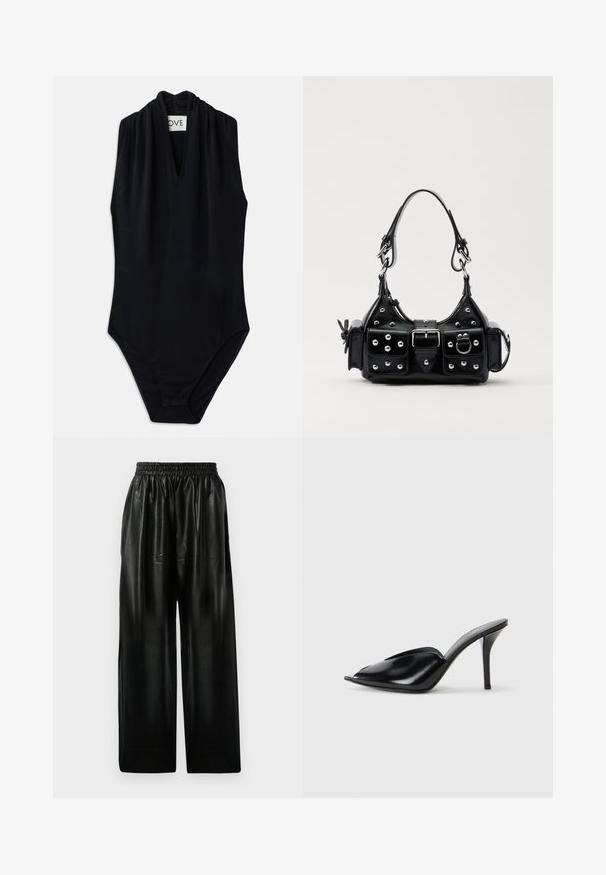 Černý bezramenný body s hlubokým výstřihem do V a nařasením kolem límce. Vyrobeno z hladké, elastické tkaniny. Minimalistický design.; Černé kožené kalhoty s širokými nohavicemi a elastickým pasem, které mají dvě boční kapsy a hladkou, lesklou texturu.; Černé kožené vysoké muly s otevřenou špičkou, špičatým designem, hladkým povrchem a štíhlým jehlovým podpatkem.; Černá kožená kabelka s křivkovým designem, zdobená stříbrnými hřebíky, s přezkou a dvěma bočními kapsami. Nastavitelný popruh pro různé možnosti nošení.
