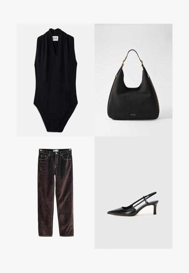 Body negru fără mâneci, cu decolteu adânc în V și detalii pliate la guler. Fabricat dintr-un material neted și elastic. Design minimal.; Pantaloni drepți din cocolino maro, cu cinci buzunare, cusături contrastante și închidere cu nasture la talie. Textură moale, cu un model canelat.; Pantofi cu toc slingback negri din patent, cu vârf ascuțit, cu imprimeu de șarpe texturat, curea ajustabilă și toc scurt texturat.; MICHAEL Michael Kors NOLITA HOBO  - Geantă de mână - black