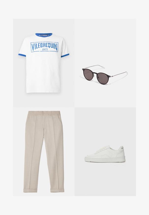 Balta īsām piedurknēm T-kreklā ar zilu apmalīti apkaklē un piedurkņu beigās, ar nolietotu zilu tekstu "VILEBREQUIN 1971" uz krūts.; Filippa K TERRY CROPPED TROUSERS - Auduma bikses - sage melange; Baltas ādas sneakers ar gludu virsmu, apaļu pirkstu daļu, plakaniem šņorēm un teksturētu zoli. Satur diskrētu logotipu uz papēža.; Melni apaļi saulesbrilles ar tumšiem lēca un plānām metāla stangām. Iekļautas caurspīdīgas tempļu galviņas un sudraba akcenti pie eņģes. Minimalistisks dizains.