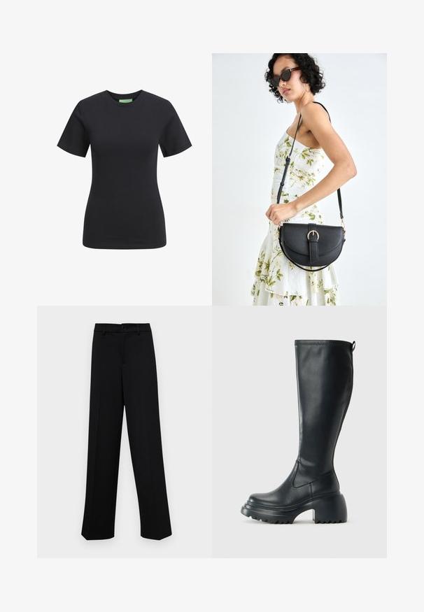 Mustjärk lühikeste varrukatega T-särk ümmarguse kaelusega, valmistatud siledast puuvillakangast, millel on slim fit ja ei ole nähtavaid mustreid ega aktsente.; Musta laiad püksid siledast kangast, millel on klassikaline vöökoht, nööbiga sulgemine ja ees voldid.; Kõrge must nahksaapad, millel on massiivne platvormi tald ja blokk-kand, varustatud tõmbenööriga ja tekstuuriga väljatõmbejääk.; Mustmust mustraha kõverate joontega, eemaldatava rihmaga ja kuldsete detailidega. Kotil on klapp, millel on pandladetail.