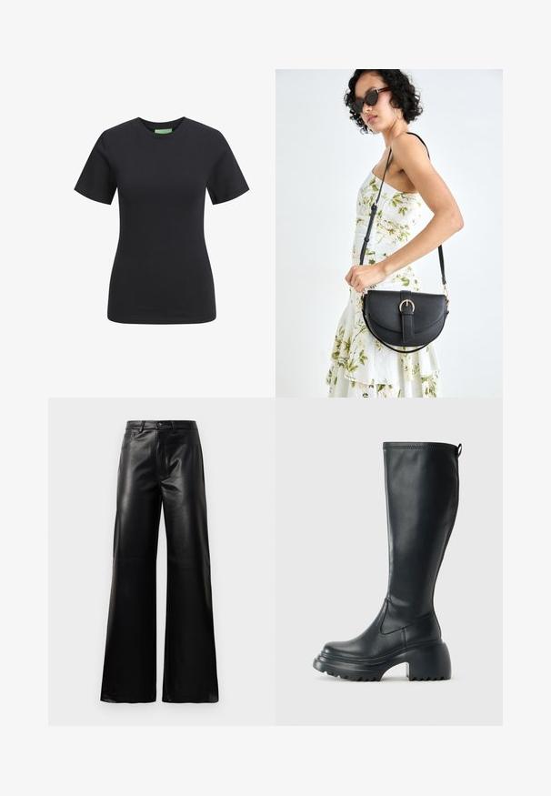 Tricou negru cu maneci scurte, cu guler rotund, realizat dintr-un material de bumbac neted, având o croială slim și fără modele sau accente vizibile.; Pantaloni negri cu talie înaltă, largi, din piele sintetică, cu nasture frontal, închidere cu fermoar, bucle pentru centură și buzunare laterale pe fundal alb.; Cizme lungi din piele neagră cu talpă platformă masivă și tocul pătrat, având un tab de tragere și un model texturat pe talpa exterioară.; Geantă din piele neagră, cu o formă curbată, curea detașabilă și accesorii aurii. Geanta are un capac cu un detaliu tip cataramă.
