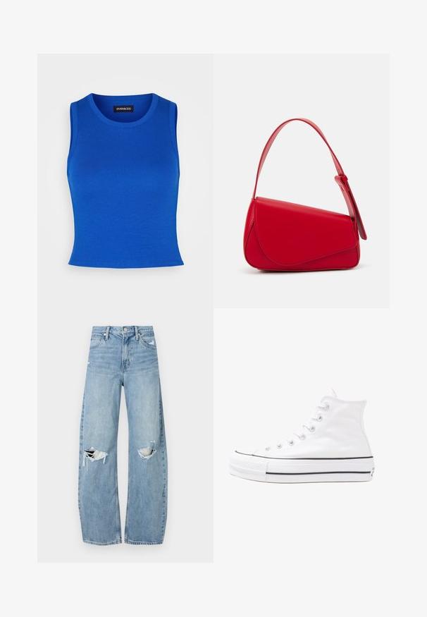 Karaļa zilas ribotas bez piedurknēm blūze ar apaļu dekoltē un platām plecu siksnām. Gluda tekstūra bez redzamām rakstām vai akcentiem.; Gaiši zili, augstās vidukļa džinsi, kas izgatavoti no denima. Iespējas plašas kājas, divas plēstas ceļa daļas un klasiskā piecu kabatu dizains.; Balti augstie kanvas sporta apavi ar melnu gumijas zoli, priekšējo gumijas purngalu un sešām acīm lencēm, kuriem ir tīrs, minimālistisks dizains.; Sarkans ādas rokassomi ar stūrainu, ģeometrisku dizainu. Iekļauj vienu regulējamu siksnu un vāku ar izšūtu detaļu.