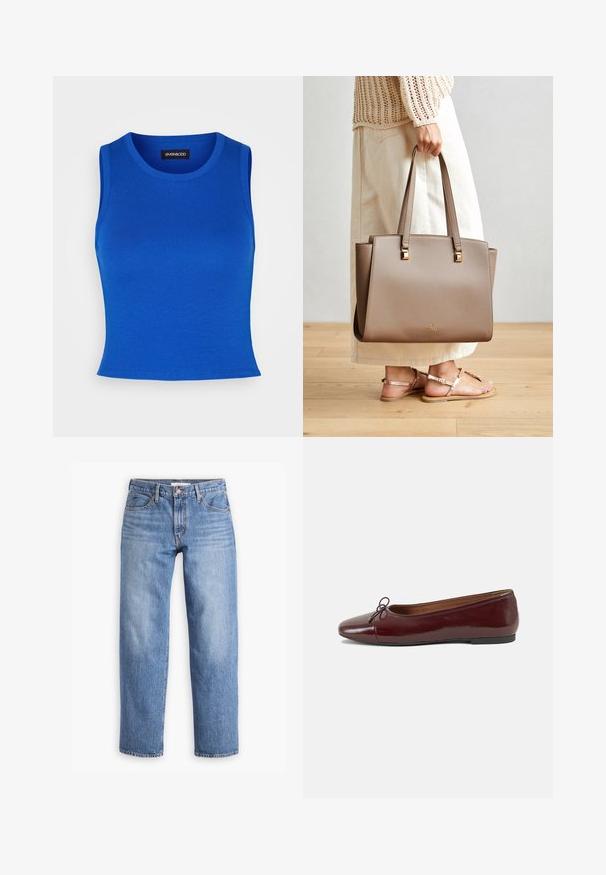 Royalblå ribbad linne med rund halsringning och breda axelremmar. Slät textur utan synliga mönster eller detaljer.; Ljusblå denimjeans med rak passform, fem fickor och dragkedja. Tyget har en klassisk texturerad yta med lätt blekning.; Burgunderfärgad lackläderballettskor med rund tå, liten rosettdekoration fram och en låg, svart gummisula. Slät textur.; Brun syntetisk axelväska med två långa handtag, fyrkantiga metalliska detaljer och en subtil logotyp. Bärs med en ljus krämfärgad kjol och sandaler.