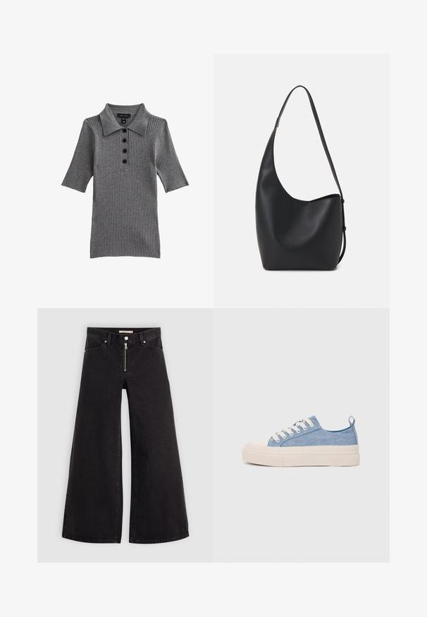 Polo de punto acanalado gris con cuello, mangas cortas y un cierre de botones al frente con cuatro botones oscuros.; Jeans de pierna ancha en denim negro con cierre frontal, diseño de cinco bolsillos y detalles de costura sutiles. Textura suave y estilo casual.; Zapatillas de lona azul claro con una puntera y suela de goma crema, que cuentan con cordones blancos y una lengüeta en el talón.; Bolso tipo hobo de cuero negro con una textura suave, forma curvada y una sola correa ajustable; presenta una amplia apertura en la parte superior.