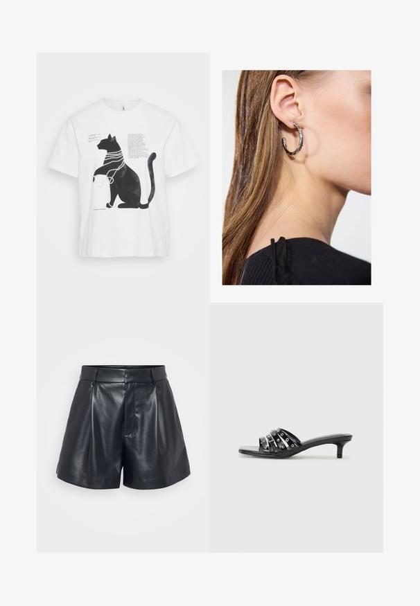 Hvid T-shirt med en sort kat grafik iført perlekæder og overlejret tekst i forskellige skrifttyper. Kortærmet og med rund halsudskæring.; Sorte lædershorts med en glat tekstur, skræddersyet design, plisseret front og bæltestropper; har en skjult lynlås lomme på siden.; Sorte hælede sandaler med flere glossy stropper og metalliske accenter, med en spids tå og beskedne kittenhæle. Glat tekstur.; Sølv hoop ørestik med en poleret overflade, prydet med små guld accenter og en rund form, båret på øreflippen.