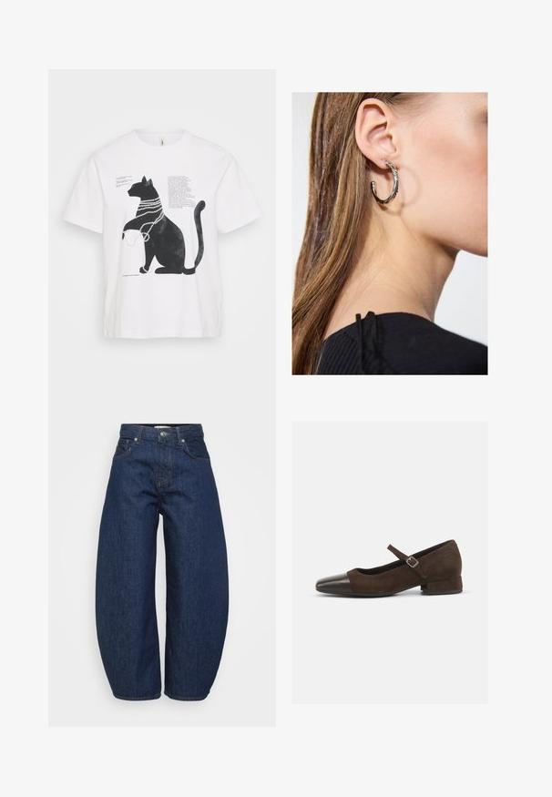 Fehér póló fekete macska grafikával, gyöngy nyakláncokkal és különböző betűtípusokkal írt szövegekkel. Rövid ujjú és kerek nyakú dizájn.; Sötétkék farmernadrág, széles, lazán szabott fazonban. Cipzáras elülső rész, négy zsebbel és kontrasztos varrással a varratok mentén.; Barna velúr Mary Jane cipő fekete lakk bőrből készült orr résszel, állítható pánttal és alacsony blokk sarkával. Simább textúra minimális díszítésekkel.; Ez egy ezüst fülbevaló, sima felülettel, amelyen apró arany díszítőelemek találhatók. Kerek formájú és a fülcimpán viselik.