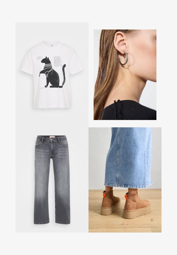 Balta marškinėliai su juodu katinu, vaizduojamu su perlų karoliukais ir užrašais skirtingais šriftais. Trumpomis rankovėmis ir apykakle.; Pilki džinsai su tiesiais džinsinių kojų dizainu, penkių kišenių stiliumi, subtiliu išblukimu ir sagčių uždarymu ties juosmeniu.; Rudos zomšiniai platforminiai batai su elastingomis šoniniais panirais ir oranžinėmis kilpomis, derinami su kelio ilgio šviesių džinsų sijonu ant medinių grindų.; Sidabrinė lankinė auskarai su poliruotu paviršiumi, turintys mažus auksinius akcentus ir apvalią formą, dėvimi ant ausies kaušelio.