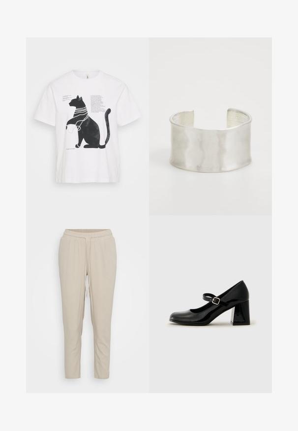 Witte T-shirt met een grafisch ontwerp van een zwarte kat met parelkettingen en overlappende tekst in verschillende lettertypen. Korte mouwen en een ronde hals.; Vero Moda Petite VMJESMILO ANKLE PANTS - Broek - silver lining; Zwarte gepolijste leren Mary Jane-schoen met een afgeronde neus, verstelbare band en een stevige rechthoekige hak. Gladde textuur met een glanzende afwerking.; Zign Armband - silver-coloured