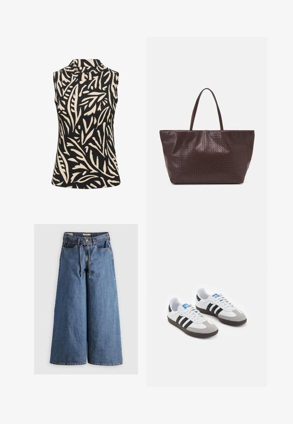 Kaffe KAKATRINE PRINTED - Top - black deep w. sandshell lines; Weite Denim-Hosen in Mittelblau mit hoher Taille, ausgestattet mit einem Kordelzug, fünf Taschen und kontrastierenden Nähten.; Sportschuhe mit einem Obermaterial aus weißem Leder, grauer Wildleder-Zehenkappe und drei schwarzen Streifen. Sie verfügen über ein blaues Logo auf der Zunge und eine strukturierte Gummisohle.; Braune geflochtene Leder-Totetasche mit zwei Griffen, einer strukturierten Form und einer strukturierten Oberfläche, die ein durchgängiges Rautenmuster aufweist.