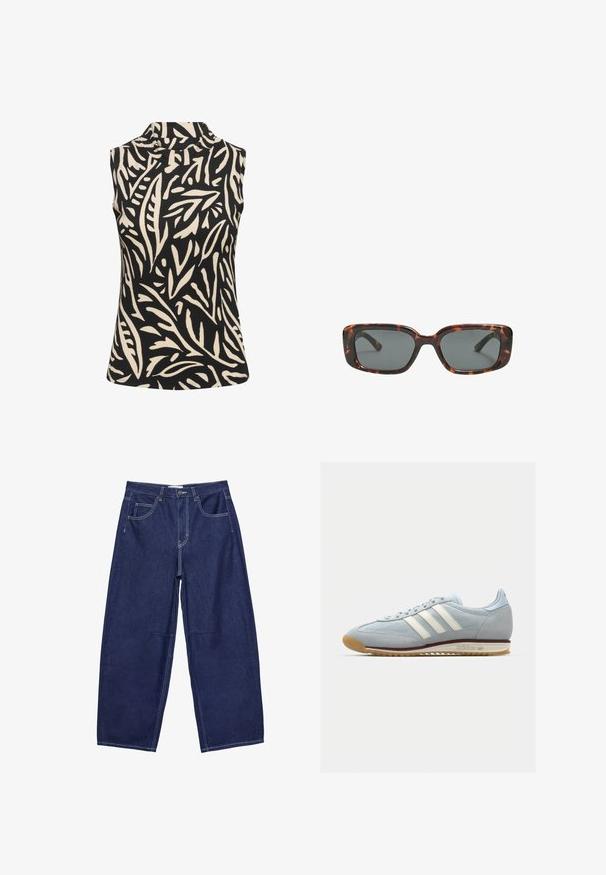 Kaffe KAKATRINE PRINTED - Top - black deep w. sandshell lines; Dunkelblaue Jeansweite Hosen mit hoher Taille, fünf Taschen und kontrastierenden weißen Nähten. Glatte Textur, klassisches Design.; Hellblaue Wildledersneaker mit weißen drei Streifen, Gummisohle und strukturiertem Mesh. Verfügt über eine glatte Zehenkappe und Branding an der Ferse.; Sonnenbrille im Schildpatt-Design mit rechteckigen Gläsern, dicken Rahmen und dunkelgetönten Gläsern. Glatte Textur und minimalistisches Design.