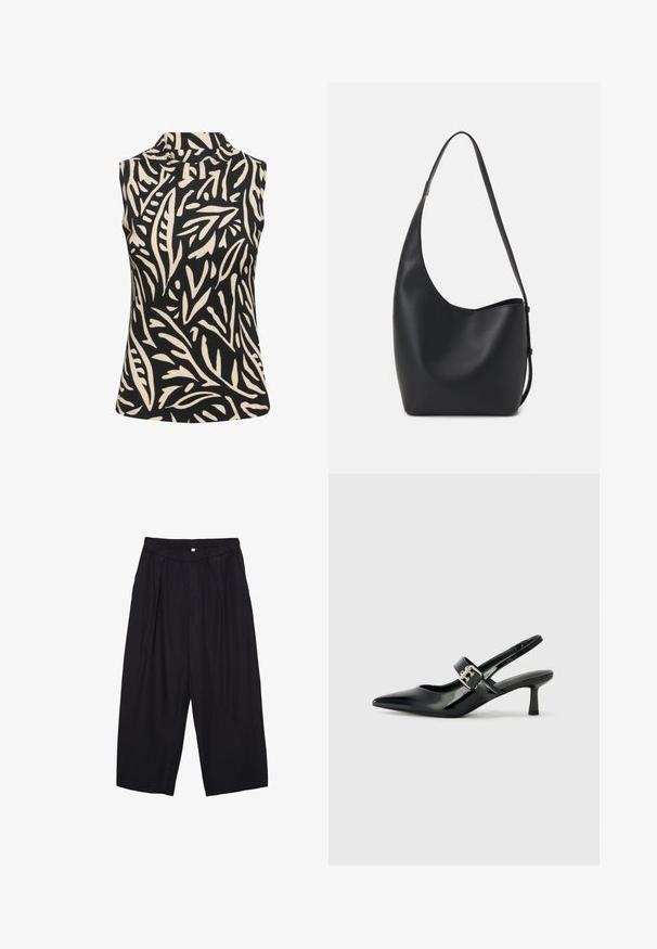 Kaffe KAKATRINE PRINTED - Débardeur - black deep w. sandshell lines; Pantalon culotte noir en polyester avec une taille élastique, deux plis avant et une silhouette ample. Pas de motifs visibles ni de détails matériels.; Escarpins slingback en cuir verni noir avec un bout pointu et un petit talon bloc, mettant en avant un accent en boucle argentée sur la sangle.; Sac hobo en cuir noir avec une texture lisse, une forme incurvée et une seule sangle réglable ; dispose d'une large ouverture en haut.