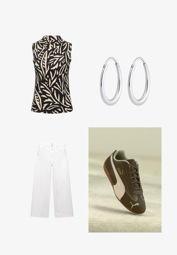 Kaffe KAKATRINE PRINTED - Top - black deep w. sandshell lines; Witte wijde jeans van katoen, met een hoge taille, vijf-pocket ontwerp en koperen hardware accenten. Glad, niet-gedistressed textuur.; Bruine Puma sneaker met een beige streep en logo, met veters, rustend op een gestructureerde beige ondergrond.; Zilveren oorbellen in de vorm van een gladde, gepolijste ring. Beschikt over een unieke ovale vorm en een veilig klapsysteem. Gemerkt met "925" voor sterling zilver.