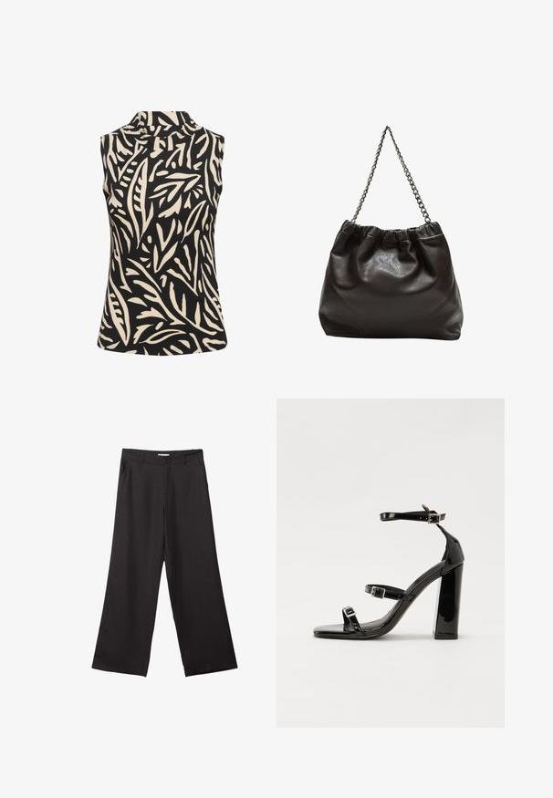 Kaffe KAKATRINE PRINTED - Top - black deep w. sandshell lines; Černé široké kalhoty vyrobené z hladké tkaniny, s předním zipem a dvěma bočními kapsami, s dobře padnoucím střihem a minimalistickým designem.; Černé lakované sandály na podpatku se čtveratou špičkou, lýtkovými pásky a stříbrnými přezkami. Disponují masivním blokovým podpatkem pro stabilitu.; Hnědá kožená taška se sbíraným vrškem a řetízkovým popruhem. Hladký povrch s lesklým finišem a jemným švem na bocích.