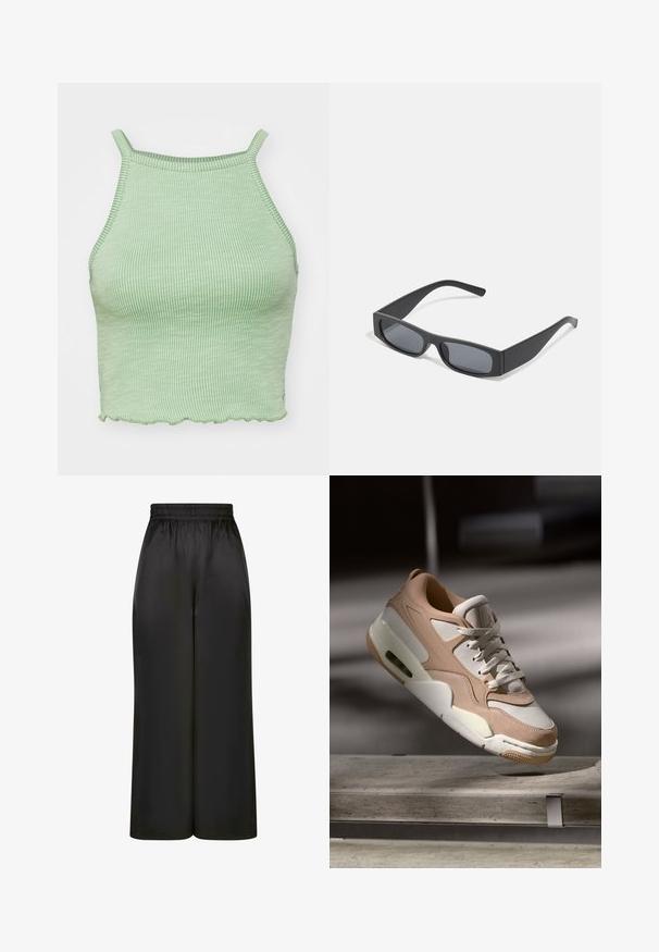 Top corto verde a coste con spalline sottili, caratterizzato da un orlo a onde e un tessuto testurizzato. Nessun hardware o motivo prominente.; Pantaloni neri a gamba larga realizzati in un tessuto liscio e lucido, con una vita elastica e senza tasche visibili o dettagli in metallo.; Sneaker beige e bianca con finitura in pelle liscia e suede, dotata di linguetta imbottita, chiusura con lacci e unità di ammortizzazione ad aria visibile.; Occhiali da sole neri rettangolari con lenti scure e montatura spessa opaca. Le asticelle sono leggermente affusolate con una texture liscia.