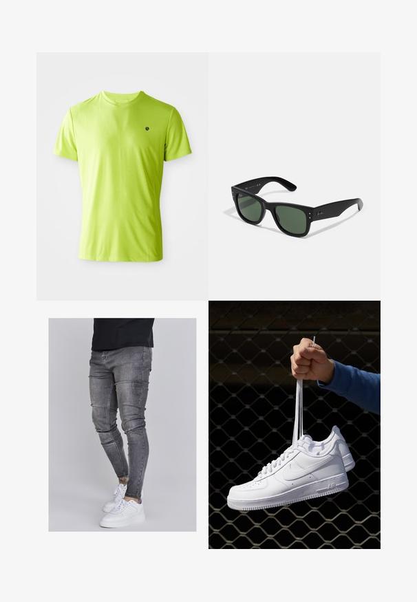 Svetlo limetno zelena kratkotrajna športna majica s črnim logotipom na levem prsnem delu, prikazana proti beli barvni ozadju.; Oprijete jeans hlače iz izbledele sive denima, z obrabljenimi detajli na kolenih, v kombinaciji z belimi športnimi copati. Gladka tekstura, oblikovan slim fit dizajn.; Bela usnjena športna obutev s perforacijami, okroglo konico, ravnim podplatom in debelimi vezalkami, z vidnim logotipom smoosh in napisom "AIR" na peti.; Črne pravokotne sončna očala z zelenimi lečami, mat površino, subtilnimi kovinskimi detajli in embosiranim logotipom na drsniku.; Srebrna nerjaveča jeklena ura z modrim številčnico, kovinskimi kazalci ter oknom za datum na 3. uri. Vodoodporna do 50 metrov.