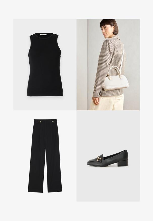 Juodas be rankovių, su raukšlėmis tankas su apvalia iškirpte. Ypatybės - lieknas siluetas ir subtilūs šoninio siūlės įpjovimai ant apatinio krašto. Minkšta, tekstūruota medžiaga.; Juodi plačios kojos kelnės su aukštu liemeniu, sagų detalėmis ant liemens ir priekinėmis raukšlėmis.; Juodi odiniai loaferiai su plokščiu kulnu, su dekoratyvia auksine detalės priekyje ir glotnia tekstūra.; Balta struktūruota rankinė su trumpomis rankenomis ir peties diržu, su auksinėmis detalėmis ir tekstūruota medžiaga, pastatyta prieš pilką foną.