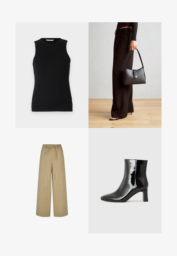 Top sin mangas negro de canalé con cuello redondo. Presenta un corte ajustado y discretas aberturas laterales en el dobladillo. Tejido suave y con textura.; Pantalones beige de pierna ancha con cintura alta, cordón de ajuste y dos bolsillos laterales, fabricados en un tejido ligero y suave.; Botín de charol negro con punta afilada y un tacón de bloque de altura media. Textura suave y diseño minimalista.; Bolso negro con forma estructurada, textura suave y un cierre metálico. Combinado con pantalones anchos negros y sandalias de dedo en un suelo de madera.