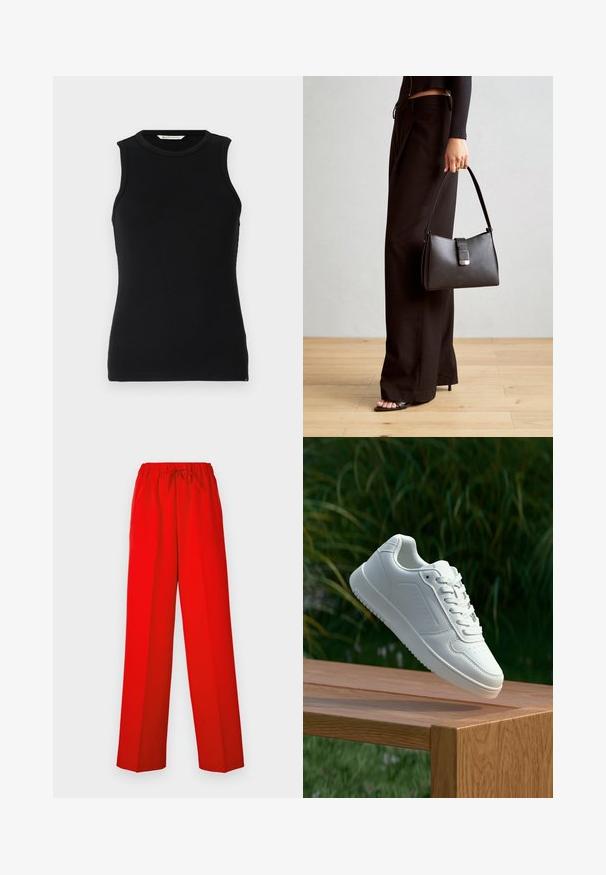 Melnas bez piedurknēm ribota t-krekla augšdaļa ar apaļu kakla izgriezumu. Iespējas: šaurs piegriezums un smalki sānu šķēlumi apakšmalā. Mīksta, teksturēta auduma.; Sarkani bikses ar platu kāju dizainu, izgatavotas no gludas auduma. Ar elastīgu jostasviedi un auklas detaļu, kas nodrošina regulējamu piegulšanu.; Baltie sporta apavi ar gludu sintētisku augšpusi, perforētu pirkstu daļu, plakani šņorēm un rakstainu zoli, novietoti uz koka virsmas.; Melnā somiņa ar strukturētu formu, gludu tekstūru un metālu sprādzi. Saskaņota ar platām melnām biksēm un sandālēm ar atvērtu purngalu uz koka grīdas.