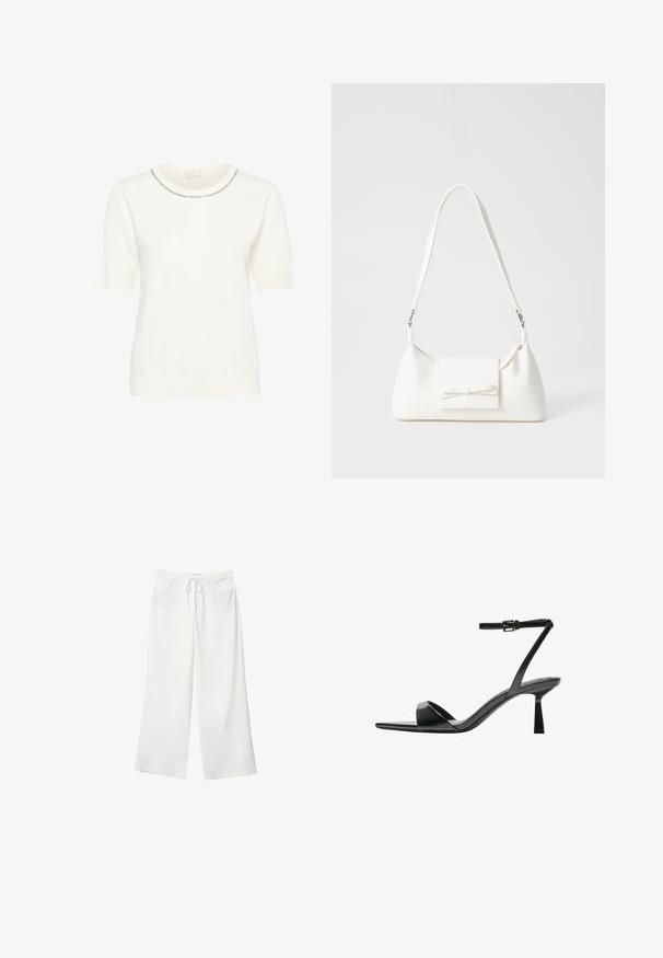 Bijela pletena pulover sa okruglim izrezom, kratkim napuhanim rukavima i dekorativnom obrubom duž ovratnika. Mekana tekstura i kroj koji ističe tijelo.; Bijele hlače širokih nogavica od mekanog materijala, s elastičnom trakom u struku i dva prednja džepa. Glatka tekstura i bez vidljivih uzoraka.; Bershka Sandale s visokom petom - black; Bijela sintetička torbica s trokutastim oblikom, ravnim prednjim poklopcem i detaljem u obliku mašne, podesivom remenom, glatkom teksturom i minimalističkim dizajnom.