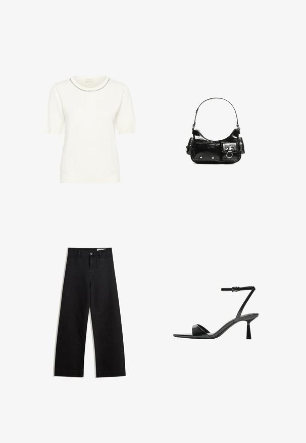 White knit sweater with a round neckline, short puff sleeves, and a decorative trim along the collar. Soft texture and fitted design.; Black wide-leg denim pants with a high waist, featuring front and back pockets, stitched seams, and a button closure. Smooth texture.; Bershka High heeled sandals - black; Black patent leather handbag with a curved shape, one shoulder strap, front pockets, and silver-tone hardware accents.