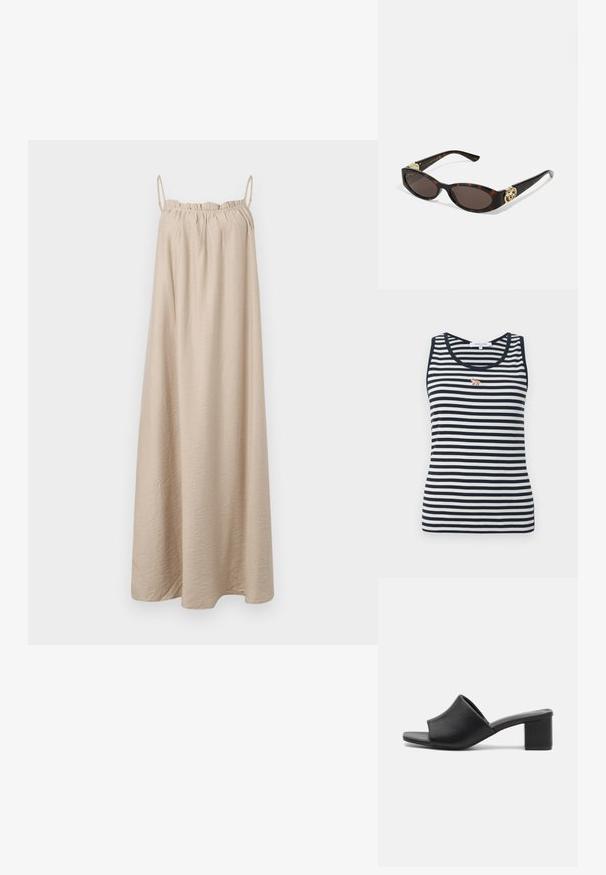 Top fără mâneci, în dungi bleumarin și alb, cu un mic detaliu brodat în formă de vulpe pe piept. Fabricat dintr-un material zimțat.; Rochie maxi bej cu bretele subțiri, gât elastic plisat, realizată dintr-un material texturat moale și având o siluetă A-linie până la podea.; Mule-uri negre din piele cu toc pătrat, cu vârful deschis, având o suprafață netedă și o parte superioară ușor curbată pentru confort și stil.; Ochelari de soare din țiglă cu lentile ovale alungite, nuanță maro, accente cu logo auriu pe brațele laterale și brațe negre elegante.; Geantă de mână din piele maro, cu două mânere rezistente, formă rectangulară, textură netedă și închidere cu fermoar. Design minimalist, fără modele vizibile.
