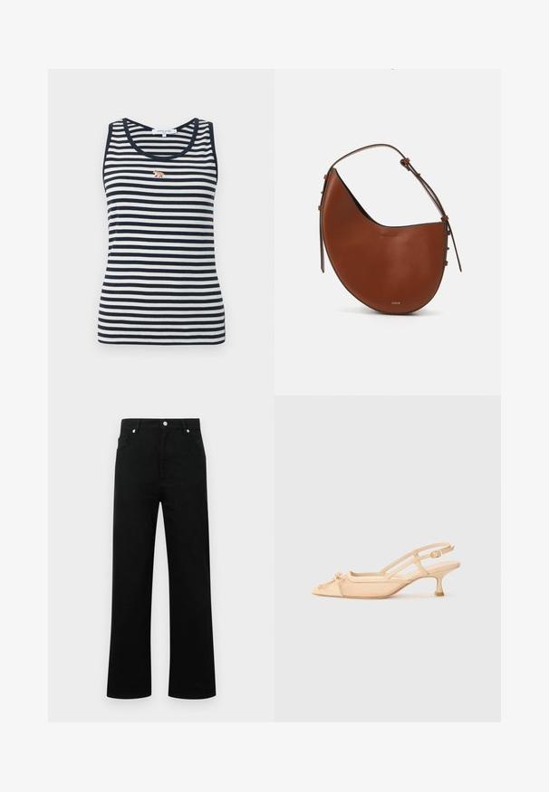 Ärmless topp i marinblå och vita ränder, med en liten broderad rävdetalj på bröstet. Tillverkad av ribbat tyg.; Svarta denimjeans med hög midja, rak passform, två framfickor, knäppning med knapp och minimalistisk design.; Stuart Weitzman KITTY - Pumps - beige/barely beige; Brun läderaxelväska i halvmåneform med smal brun rem och subtila guldaccessoarer. Har en slät yta och minimal sömnad.