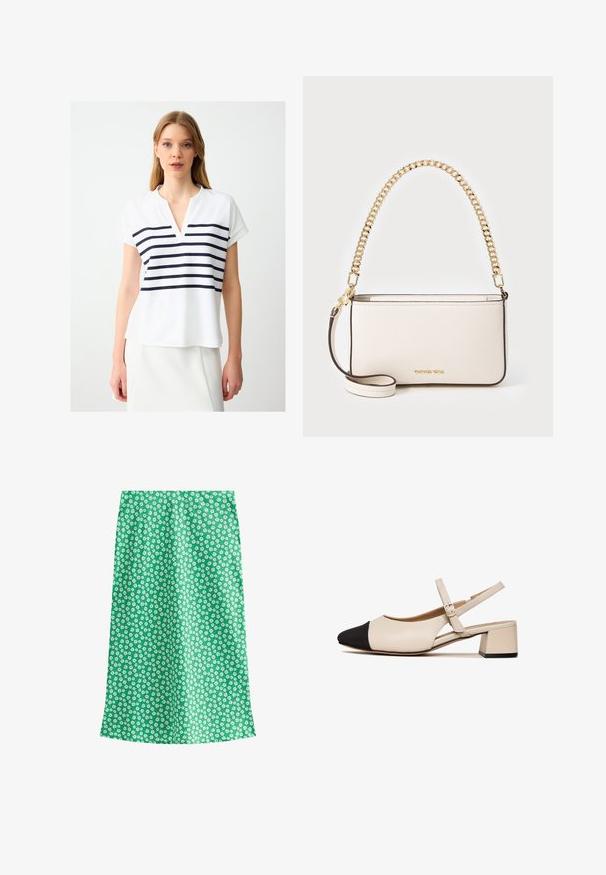 Witte top met korte mouwen en een V-hals. Heeft horizontale marineblauwe strepen over de borst. Zachte stof met een relaxte pasvorm.; Groene rok met bloemendessin van lichte textuur. Bevat kleine witte bloemen op een effen achtergrond, ontworpen in een rechte silhouette.; Beige leren slingschoenen met zwartte tip, vierkante hak en verstelbaar enkelbandje. Glad textuur en minimalistisch ontwerp.; Witte leren handtas met een gestructureerde afwerking, voorzien van een gouden kettingstrap en een afneembare schouderriem. Logo gegraveerd aan de voorkant.; Gouden rechthoekige polshorloge met een minimalistisch ontwerp, voorzien van een crèmekleurige wijzerplaat, gouden wijzers en een metalen schakelband. Merktekens bevatten de merknaam.