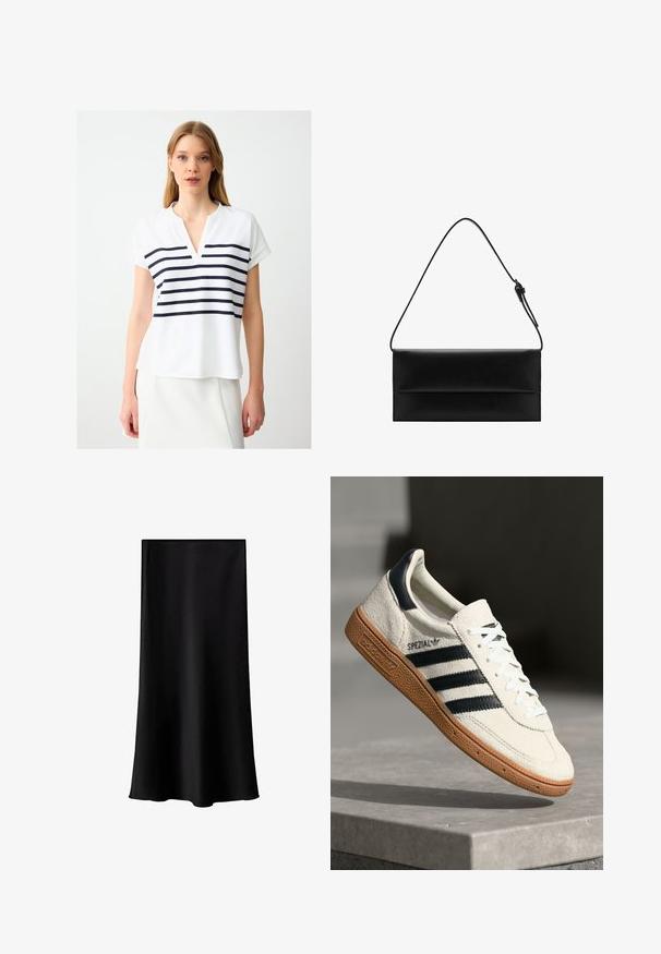 Weißes Kurzarmoberteil mit V-Ausschnitt. Verfügt über horizontale marineblaue Streifen über der Brust. Weicher Stoff mit lockerer Passform.; Schwarze Midischürze aus glattem, leichtem Stoff. Sie hat einen geraden Schnitt, keine sichtbaren Beschläge und ein schlichtes Design ohne Muster.; Weiße Wildleder-Sneaker mit marineblauen Streifen, Gummisohle, strukturiertem Obermaterial, runder Zehenform und Schnürung; mit Branding an der Seite und auf der Zunge.; Mango Handtasche - black; Goldfarbene rechteckige Armbanduhr mit minimalistischem Design, ausgestattet mit einem cremfarbenen Zifferblatt, goldenen Zeigern und einem Gliederarmband aus Metall. Die Markierungen umfassen den Markennamen.
