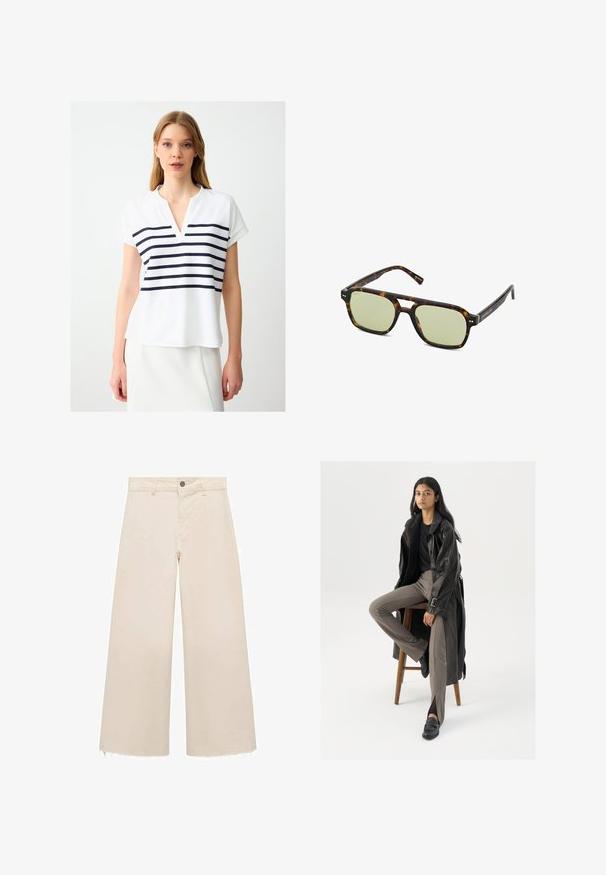 Top bianco a maniche corte con scollatura a V. Presenta righe orizzontali blu navy sul petto. Tessuto morbido con una vestibilità rilassata.; Pantaloni a gamba larga in cotone beige chiaro, con chiusura a bottone, orlo leggermente sfrangiato e design a vestibilità ampia.; Cappotto lungo in pelle nera con dettagli di bottoni e cintura, abbinato a pantaloni aderenti marrone chiaro e mocassini neri, seduto su uno sgabello di legno.; Occhiali da sole tartarugati con lenti verdi, montatura rettangolare e un design del ponte prominente. Presentano un sottile marchio sulla tempia.