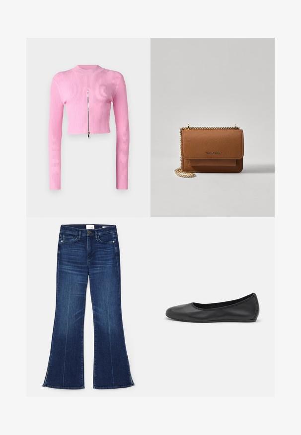 Pink, cropped, ribbed long-sleeve top with a high neck and central front zipper accent. Features a smooth, stretchy texture.; Dark blue flared jeans made from denim. Features a high waist, front pockets, and slit details at the hem. Classic five-pocket design.; Black leather ballet flat with a rounded toe, smooth texture, minimal stitching detail, and a flexible sole design.; Brown textured leather crossbody bag with gold chain strap and flap closure. Front features logo detail and a pocket under the flap.