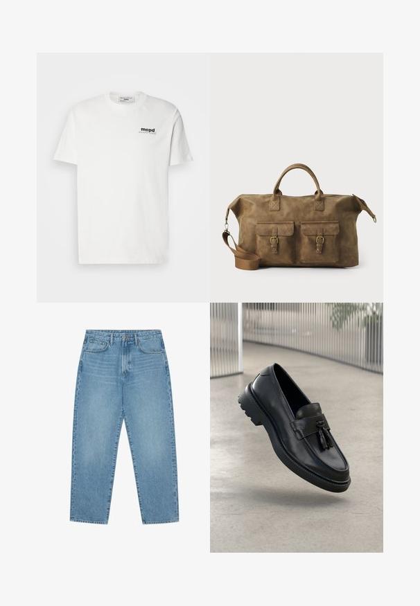 Valge lühikeste varrukatega T-särk, mille vasakul rinnal on väike must tekst "mopd world.wide" ja kaeluses silt, millel on kirjas "Marc O'Polo DENIM."; Hele sinised teksapüksid sirge säärega, viie taskuga disain ja kergelt tuhmunud tekstuuriga. Varustatud nupuga ja luku sulgemisega.; Mustad nahast mokassiinid, millel on sile viimistlus, dekoratiivne tutt, paks kummist tald ja õmmeldud detailid. Kerge ja voolujooneline disain.; Pruun nahast nädalakott, millel on kaks esikotti, reguleeritav õlarihm, kuldne riistvara ja tugevad ülemised käepidemed. Sile tekstuur.