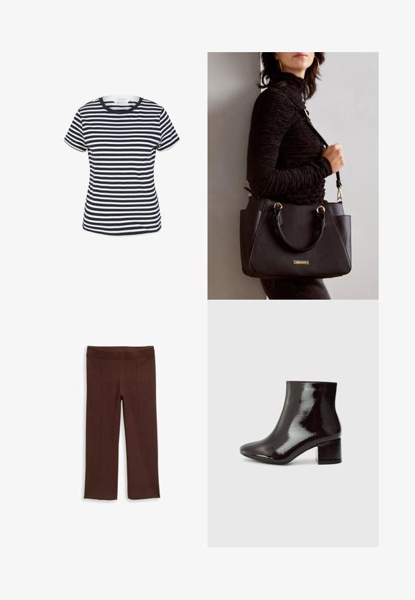 Tumesinise ja valge triibuline t-särk, mis on valmistatud orgaanilisest puuvillast, ümarate kaeluste ja lühikeste varrukatega, otse lõikega allääres.; Pruunid püksid sileda tekstuuriga, laia vöökohaga, sirgete jalgade kujundusega ja vertikaalsete õmblusaktsentidega ees.; Mustad nahast pahkluu saapad terava ninaga ja jämeda kontsaga. Sile tekstuur koos peene läike ja puhaste joontega, minimalistlik disain.; Musthave must kott, millel on tekstuurne pind, kaks ülemist käepidet ja reguleeritav õlarihm. Omab kuldse tooni riistu ja külgtaskuid.