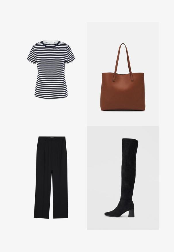 T-maica s plavim i bijelim prugama odorganske pamučne tkanine, s okruglim izrezom i kratkim rukavima, s ravnim rubom na dnu.; Crne hlače ravnog kroja, s dva prednja džepa i pojasom. Izrađene od glatkog, laganog materijala.; Crne antilop čizme do koljena s blok potpeticom, šiljastim prstom i glatkim, bešavnim dizajnom na običnoj svijetloj pozadini.; Smeđa kožna torba preko ramena s glatkom teksturom, otvorenim vrhom i dvjema naramenicama. Ima minimalne šavove i nema vidljivog hardvera.