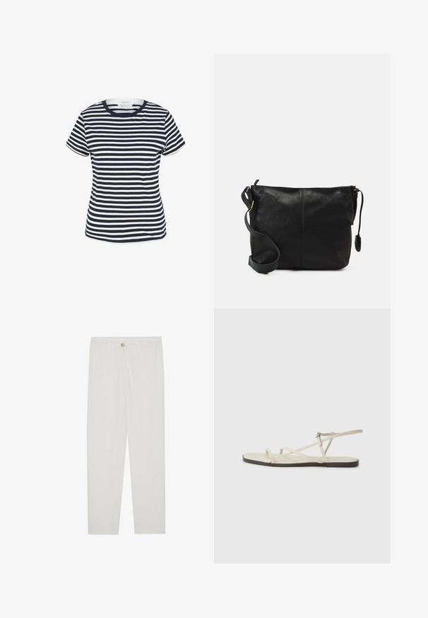 Navy and white striped t-shirt made of organic cotton, featuring a round neckline and short sleeves, with a straight hem at the bottom.; White, tailored trousers with a straight leg design, featuring a button closure, belt loops, and side pockets; smooth fabric texture.; Beige flat sandal with multiple slender straps and an adjustable buckle. The sole is flat with a slight dark contrast at the edge.; Black leather crossbody bag with a flat shape, gold hardware accents, and an adjustable strap. Smooth texture with minimal stitching details.