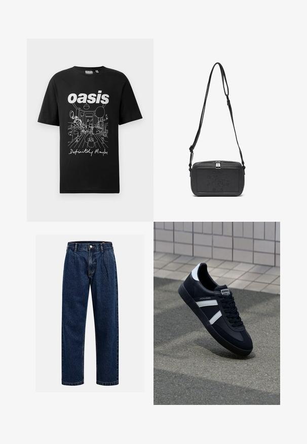 Czarny bawełniany T-shirt z białym graficznym nadrukiem przedstawiającym scenę w pokoju z ludźmi oraz napisem "oasis" i "Definitely Maybe" poniżej.; Granatowe dżinsy o prostym kroju nogawki. Posiada widoczne szwy, zapięcie na guzik oraz fałdy z przodu dla dodatkowego detalu.; Czarne skórzane sneakersy z białymi paskami, teksturowana gumowa podeszwa i sznurowane z przodu. Posiadają metkę marki na języku.; Czarna skórzana torba na ramię z zamkiem błyskawicznym, wytłoczone logo na przodzie i regulowanym paskiem. Gładka tekstura w prostokątnym kształcie.