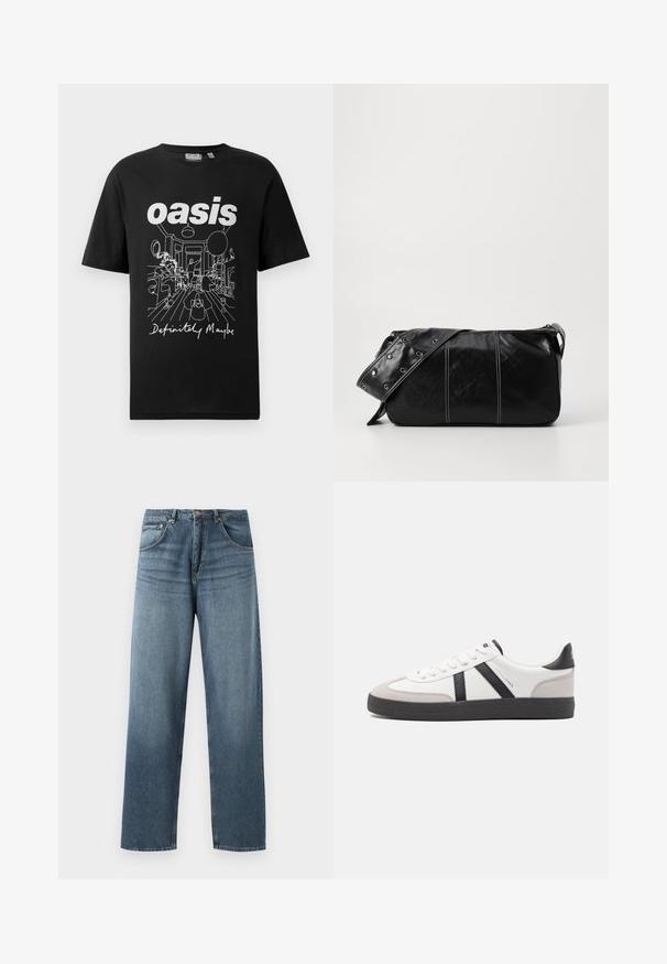 Juodas medvilninis marškinėlis su baltu grafiniu atvaizdu, vaizduojančiu kambarį su žmonėmis, ir tekstu "oazė" bei "Žinoma, galbūt" apačioje.; Tiesi blue džinsai su tiesiomis kojomis, turintys nublukusią apdailą, su penkių kišenių dizainu, metaline saga ir diržo kilpomis. Tvirto vidutinio svorio audinys.; Balti sportbačiai su juodais ir pilkais akcentais, pasižymintys tekstūruotu pilku pirštų dangteliu, juoda gumine padais ir plokščiomis baltomis raišteliais. Švarus dizainas, minimalistinis stilius.; Juodas odinis pečių krepšys su užtrauktuku, turintis tekstūruotą paviršių, baltą siuvinėjimą ir dirželį su sidabinėmis metalinėmis detalėmis.