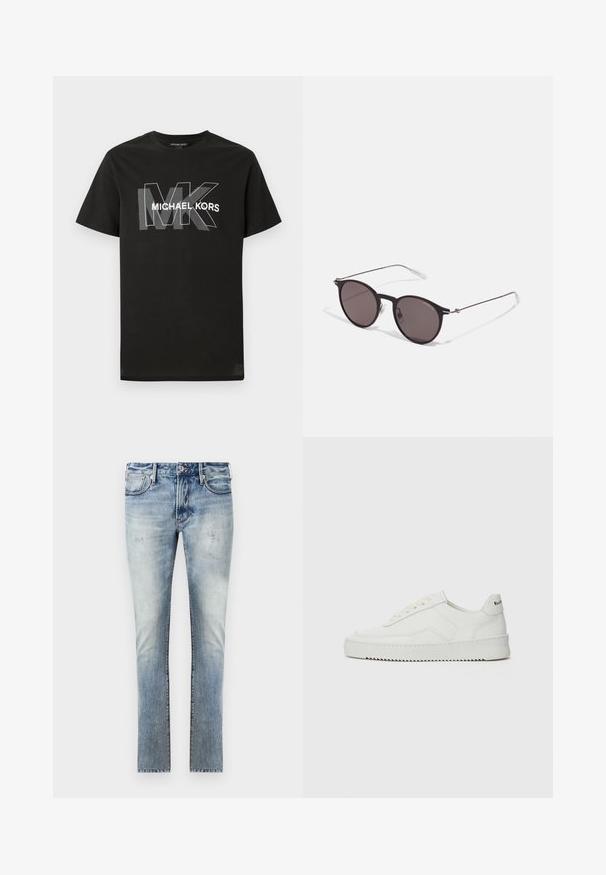 Juodas trumpomis rankovėmis marškinėliai su persidengiančiomis pilkomis "MK" raidėmis ir "MICHAEL KORS" tekstu baltai per krūtinę.; Šviesiai mėlyni džinsai su nuvalytu paviršiumi, aptemptas fasonas, penki kišenės ir kontrastingos siūlės.; Balti odiniai sportiniai bateliai su lygia apdaila, apvaliu pirštu, plokščiais raišteliais ir tekstūruotu padu. Pasižymi subtiliu logotipu ant kulno.; Juodos apvalios saulės akinių su tamsiais lęšiais ir plonomis metalinėmis šakomis. Įtraukti skaidrūs šventyklų galai ir sidabriniai akcentai vyrio srityje. Minimalistinis dizainas.