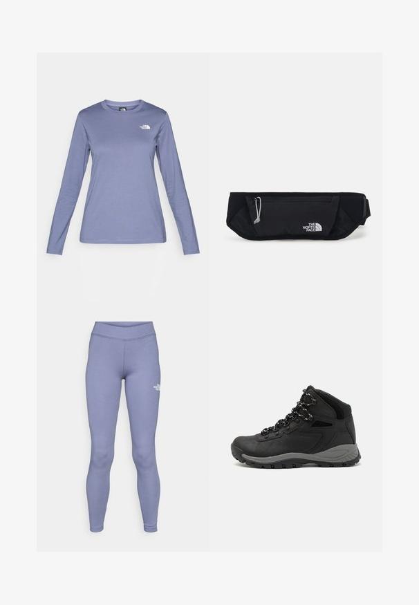 Langärmliges Hemd aus helllila Stoff, mit Rundhalsausschnitt und dem weißen The North Face Logo auf der linken Brust. Glatte Textur, lässige Passform.; Blaue Sportleggings aus weichem, dehnbarem Stoff. Sie haben einen hohen Taillenbund und ein kleines weißes Logo am linken Oberschenkel.; Schwarzer Wanderstiefel mit einem mittelhohen Design, ausgestattet mit einer strukturierten Oberfläche, grauen Akzenten und einer robusten Gummisohle mit Profilstollen.; The North Face SUNRISER RUN BELT UNISEX - Gürteltasche - black/white