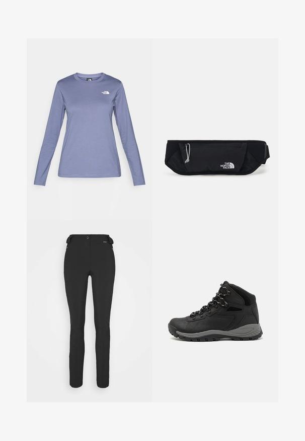 Camicia a maniche lunghe in tessuto lilla chiaro, con collo a giro e logo The North Face bianco sul lato sinistro del petto. Texture liscia, vestibilità casual.; Pantaloni neri aderenti realizzati in materiale flessibile. Presentano una tasca laterale con zip, ginocchia articolate e una texture liscia.; Stivale da trekking nero con design a metà altezza, dotato di una tomaia texturizzata, accenti grigi e suola in gomma resistente con tasselli per la trazione.; The North Face SUNRISER RUN BELT UNISEX - Marsupio - black/white