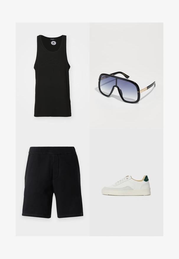 Schwarzes ärmelloses Tanktop aus Baumwolle mit Rundhalsausschnitt und geprägtem Logo-Detail auf der Vorderseite. Sauberes, minimalistisches Design.; Schwarze Sportshorts aus weichem Material; mit elastischem Bund, zwei Seitentaschen und kontrastierenden Nähten.; Weiße Sneaker mit Wildlederelementen, runder Zehenpartie, flachen Schnürsenkeln und einer cremefarbenen Gummisohle. Mit grünen Markenlogo am Fersenbereich.; Übergroße schwarze Sonnenbrille mit einem lila Farbverlauf-Glas, glanzvoller Oberfläche und goldenen Akzenten an den Bügeln. Rechteckige Rahmenform.